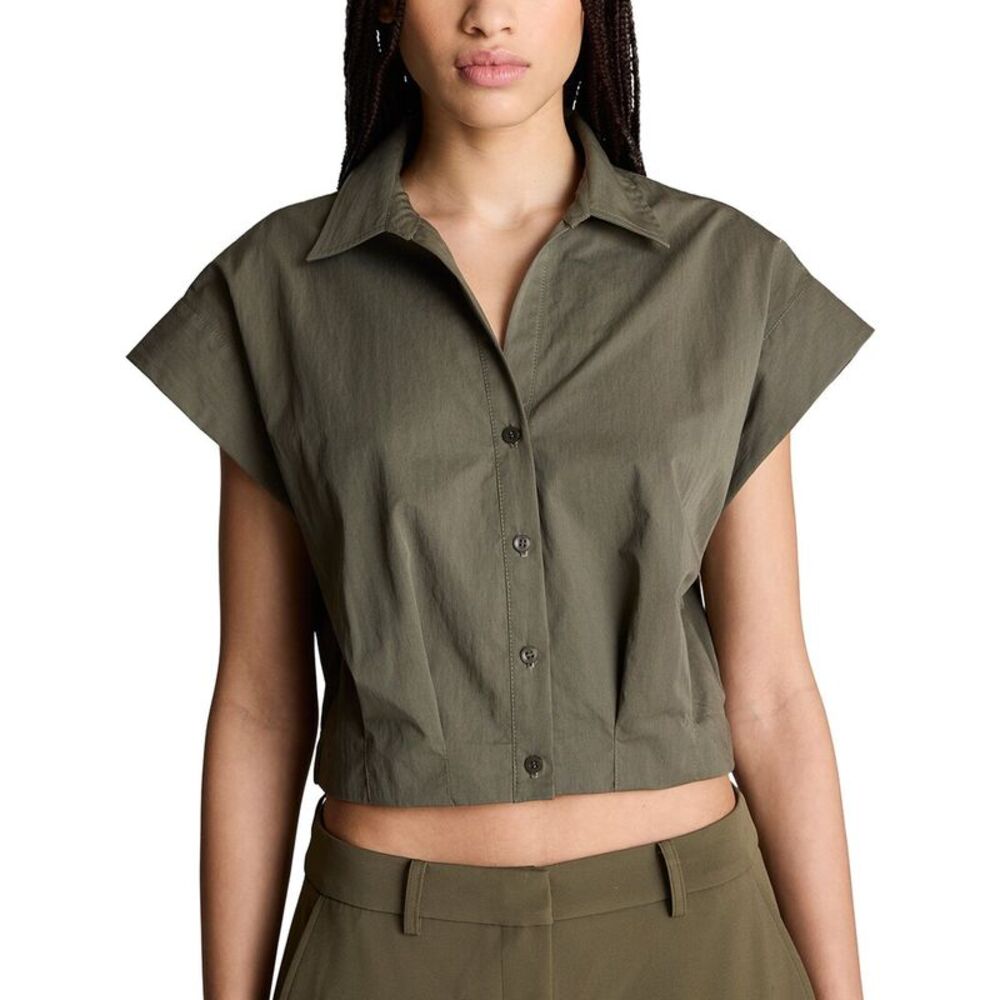 Kenneth Cole Womens Cropped Y Neck Button Front Blouse